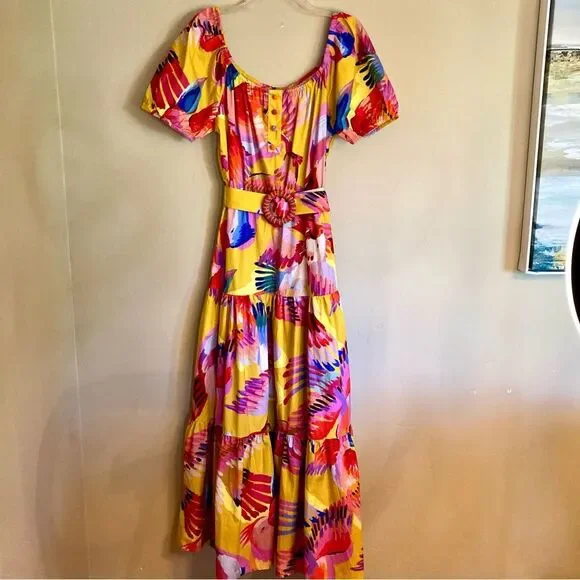 SOLD FARM Rio Neon Macaws Maxi Dress Beaded Tropical Bird Yellow Pink Size L - Picture 7 of 16